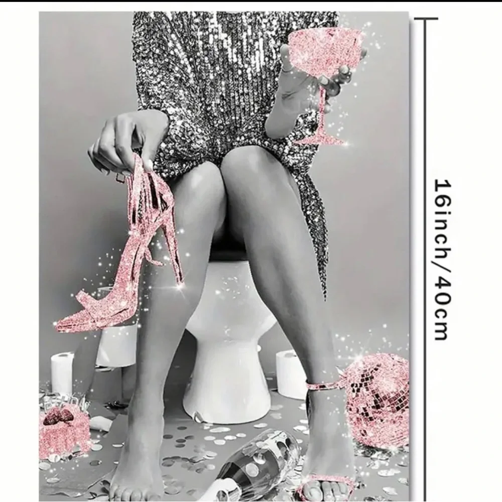 Ungramed Women on Toilet - Fashion Wall Art Bathroom Black glitter pink 8x11